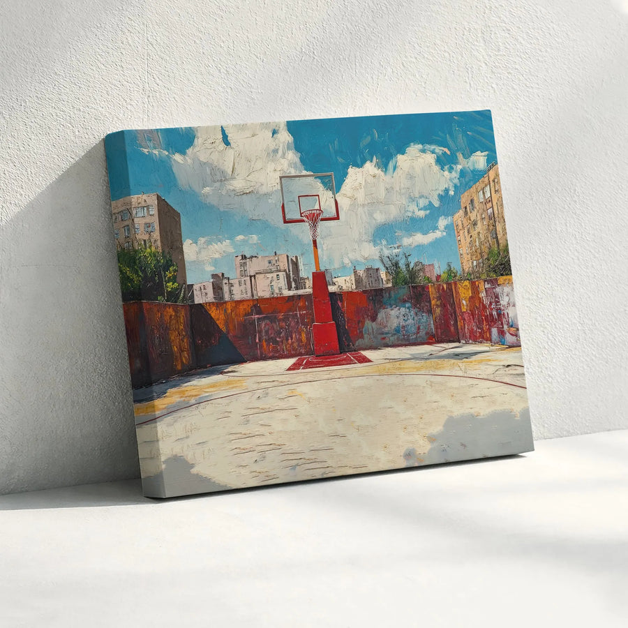 Urban Basketball Court Canvas Wall Art | Textured Painterly Streetball Scene | Premium Gallery Wrapped Print | Gift for Fan, Man Cave Decor