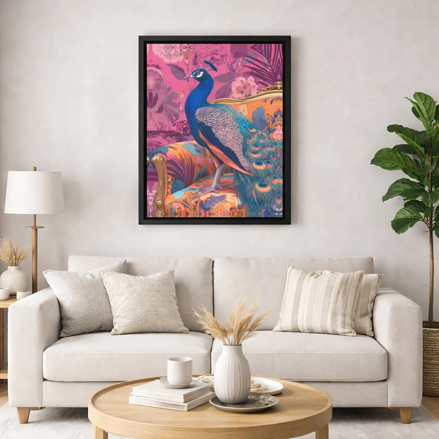 Vibrant Peacock Canvas Art | Maximalist Floral Chair Wall Decor | Premium 1.25" Gallery Wrap | Boho Aesthetic Home Office Gift