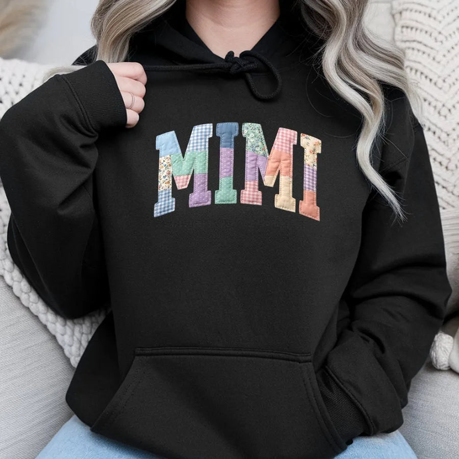 Mimi Hoodie | Printed Patchwork Varsity Letters | Cozy Unisex Crewneck | Grandma Core Gift for New Grandmother