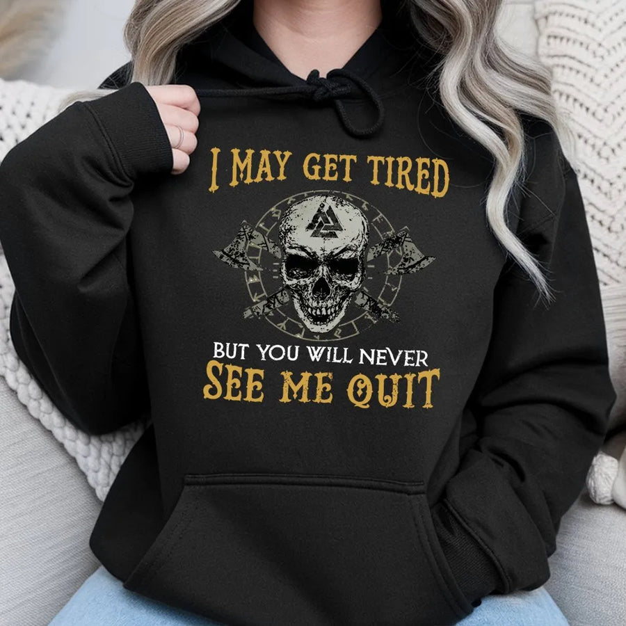 Viking Skull Hoodie | I May Get Tired But Never Quit Graphic | Premium Cotton Blend Pullover | Motivational Gym & Streetwear Gift for Men