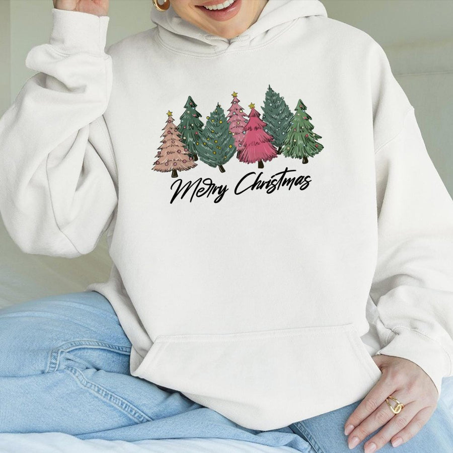 Merry Christmas Tree Hoodie | Cute Pink and Green Forest Graphic | Soft Cotton-Blend Unisex Pullover | Festive Holiday Gift for Women
