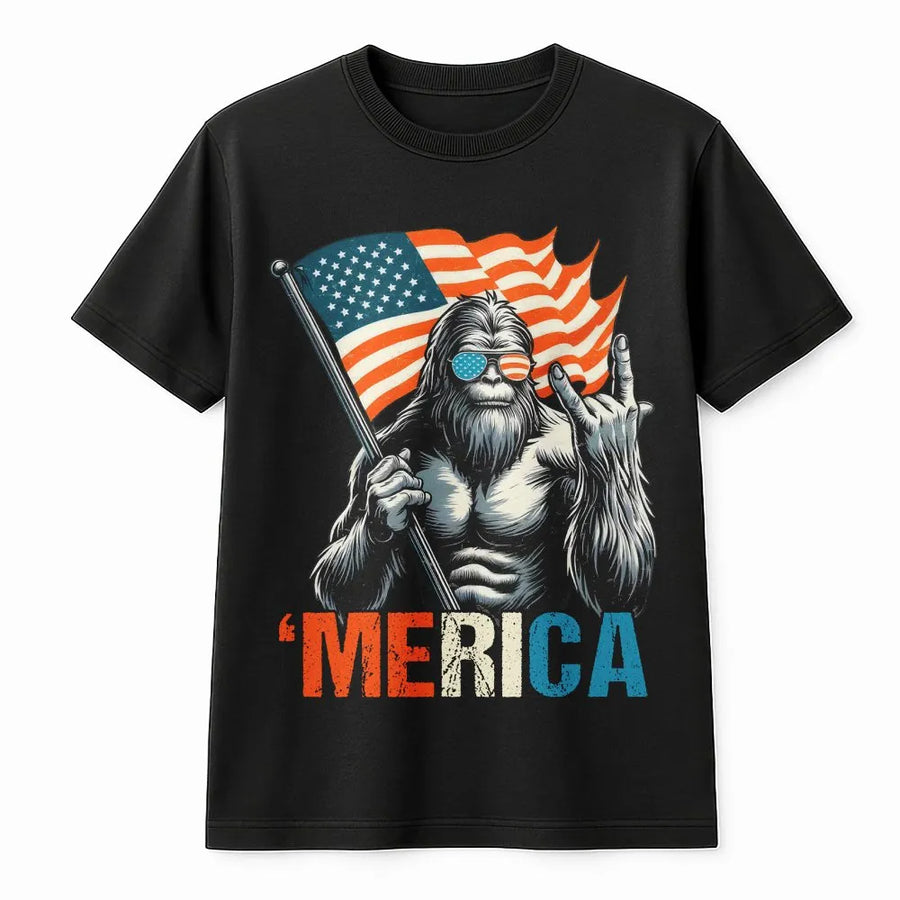 Bigfoot Merica T-Shirt | American Flag Sasquatch Graphic | Soft Cotton Blend Pullover | Funny Patriotic Gift for Men