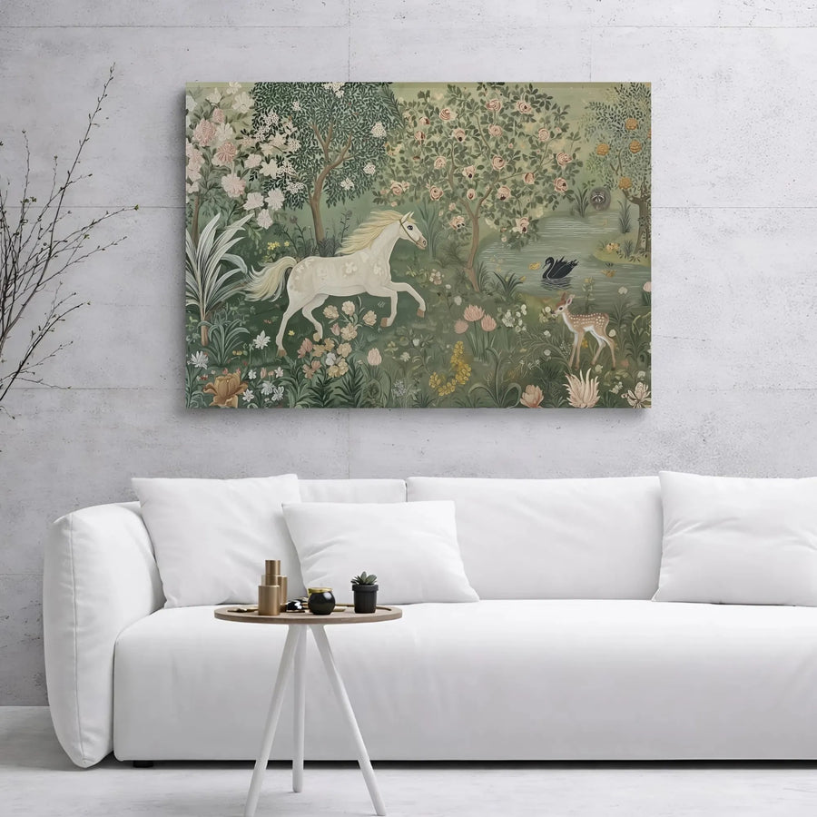 Enchanted Forest Canvas Wall Art | White Horse and Fawn Whimsical Decor | Premium Gallery Wrap Print | Nature-Inspired Home Gift for Her