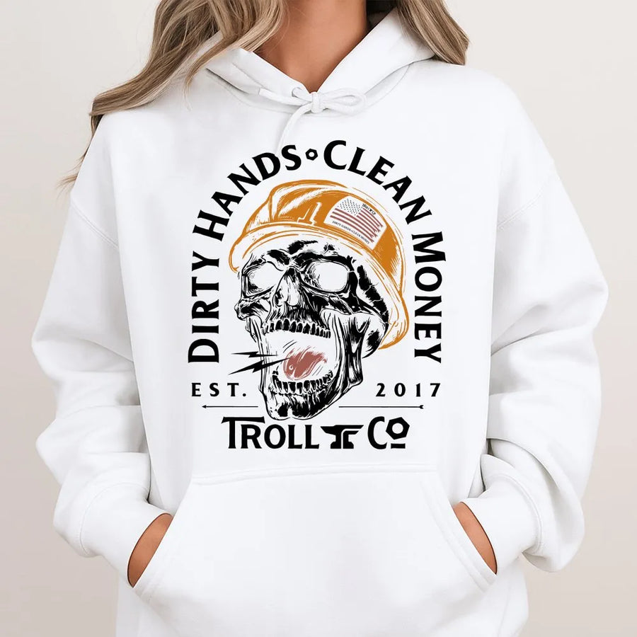 Dirty Hands Clean Money Hoodie | Blue Collar Skull Hard Hat Graphic | Soft Cotton-Polyester Blend | Construction Worker Gift
