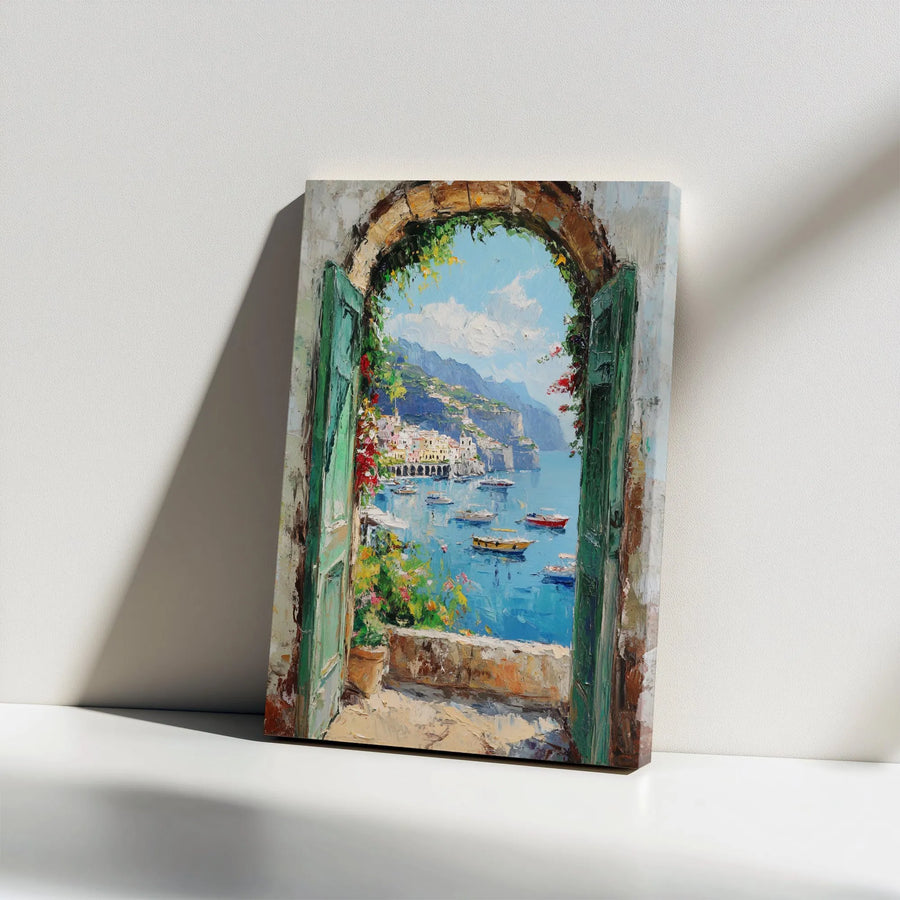 Italian Coastal Village Canvas Print | Impressionist Seascape Through Archway | Premium Canvas Art | European Travel Wall Decor Gift