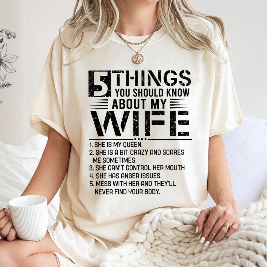 5 Things You Should Know About My Wife T-Shirt | Funny Husband Graphic Tee | 100% Premium Cotton | Gift for Husband, Anniversary, Birthday