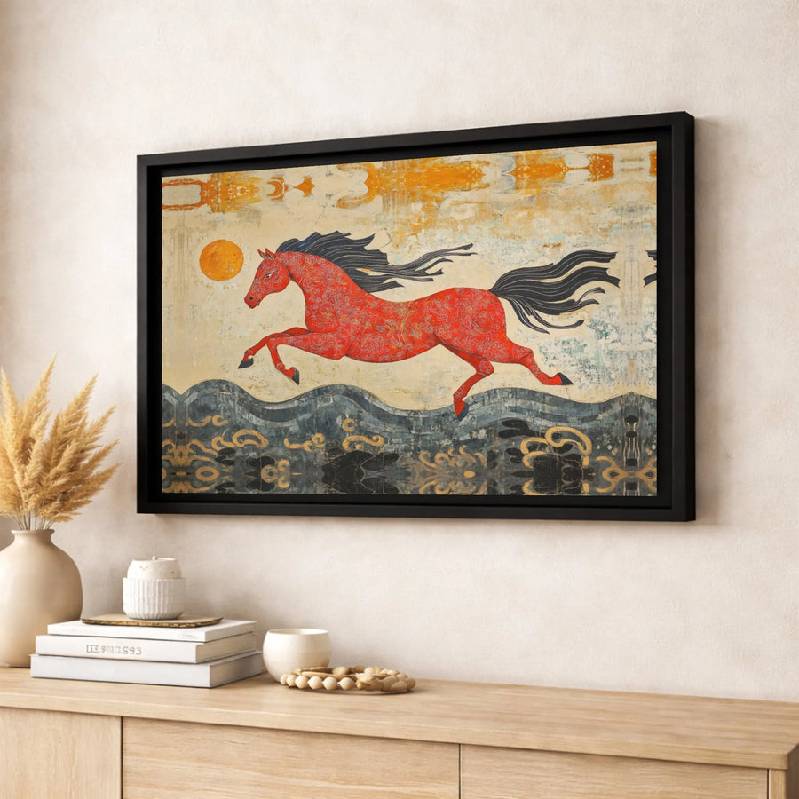 Red Horse Canvas Wall Art | Vintage Folk Art Leaping Horse Print | Premium 1.25" Gallery Wrap | Equestrian Home Decor Gift