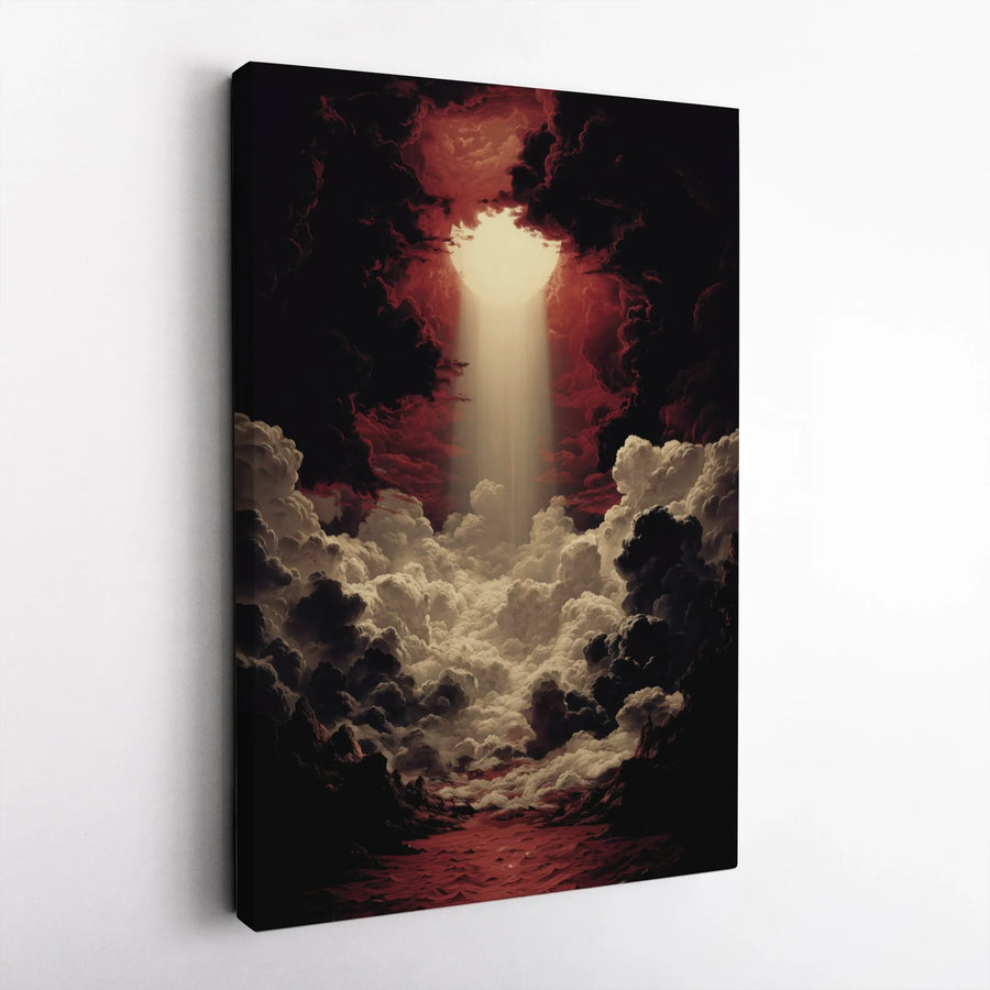 Dramatic Cloudscape Canvas Art | Surreal Heavenly Light & Red Clouds Painting | Thick Gallery Wrapped Canvas | Gothic Home & Office Decor Gift