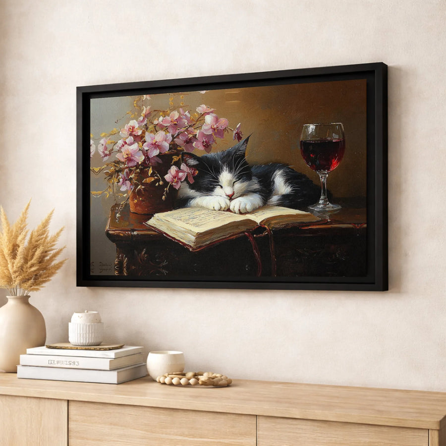 Sleeping Cat Wall Art | Cozy Reading Book Illustration with Wine | Premium Gallery Wrap Canvas | Whimsical Home Decor Gift for Cat Lovers