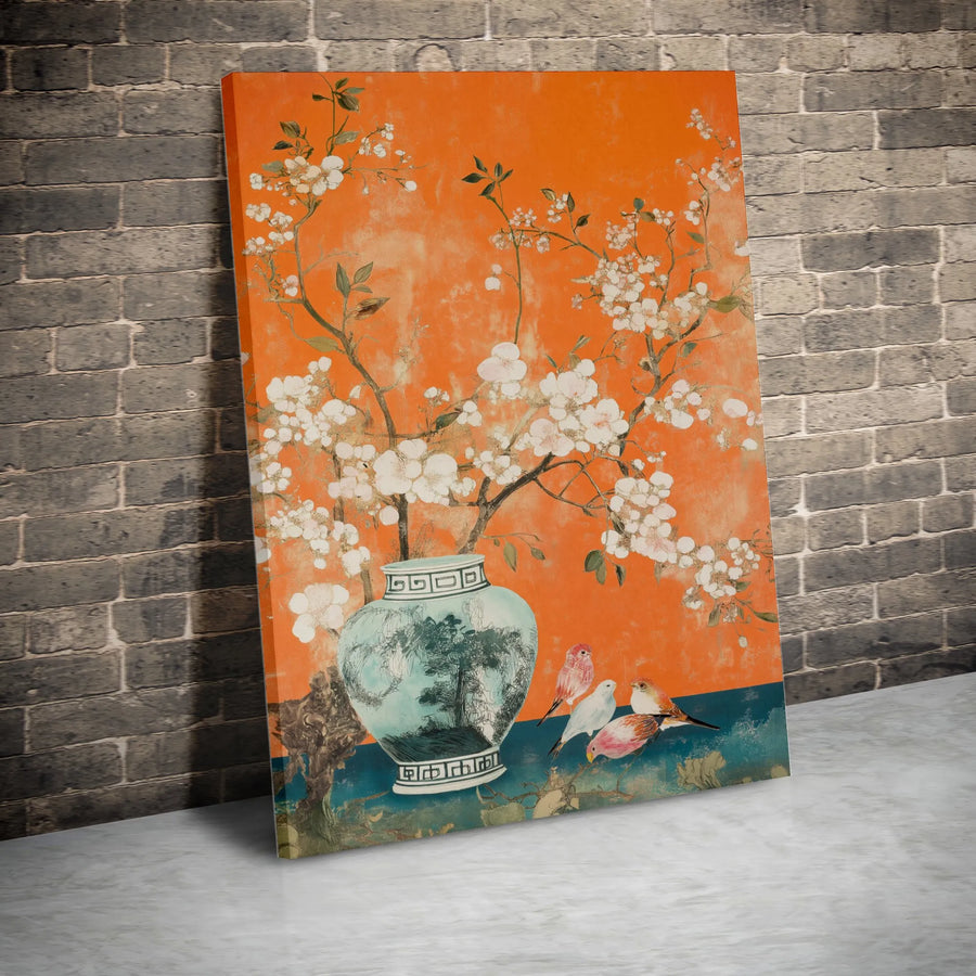 Chinoiserie Wall Art | Orange Cherry Blossom Canvas with Birds | Premium Gallery Wrap Print | Elegant Floral Home Decor Gift