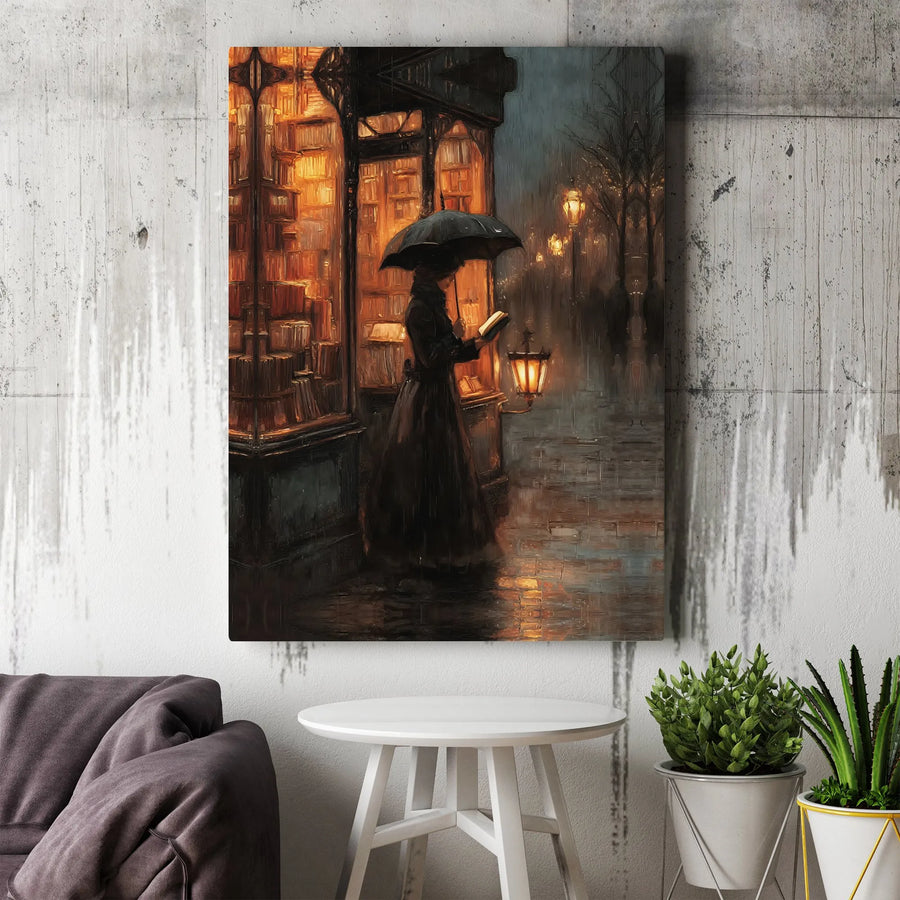 Rainy Night Bookshop Canvas Wall Art | Cozy Reading Woman Under Umbrella | Premium 1.25" Gallery Wrap | Aesthetic Home Office Decor Gift