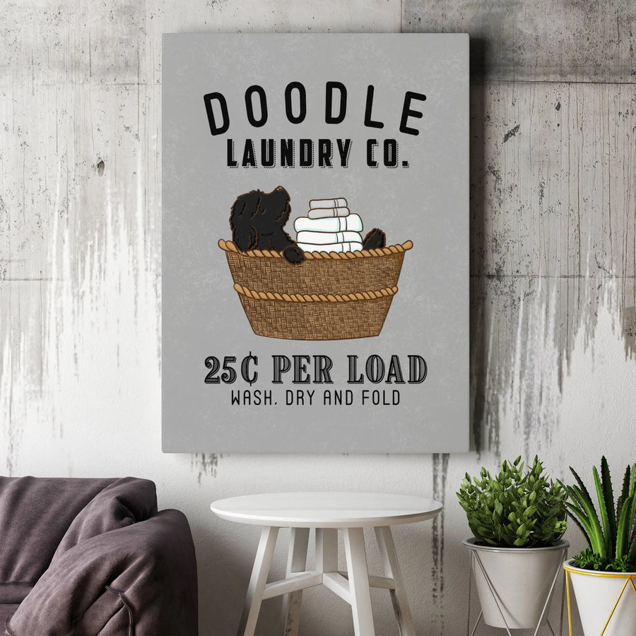 Doodle Dog Laundry Room Wall Art | Funny Puppy In Basket Canvas Print | 1.25-Inch Premium Gallery Wrap | Cute Pet Decor Gift For Dog Lovers