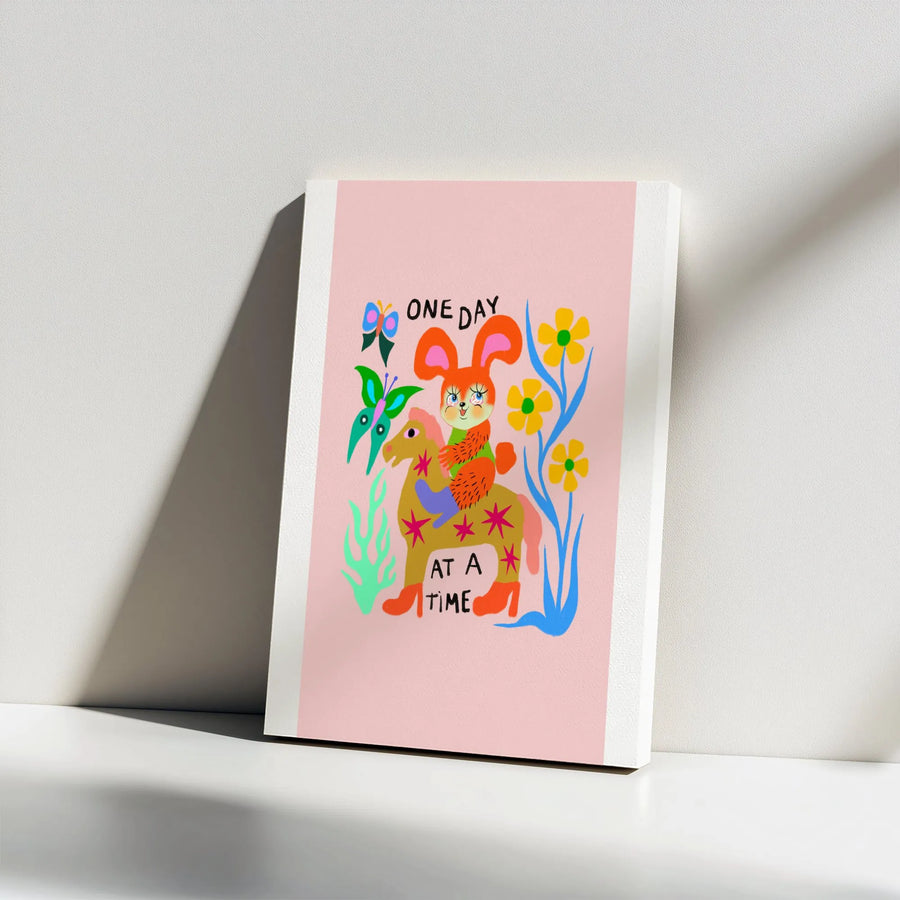 One Day At A Time Vertical Canvas | Whimsical Rabbit & Horse Illustration | Premium Gallery Wrapped Print | Inspirational Sobriety Gift