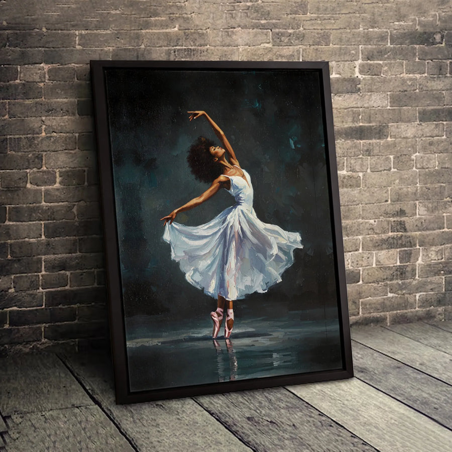 Black Ballerina Wall Art | Oil Painting Style Dancer in White Dress | Gallery Wrapped 1.25" Canvas | Premium Home Decor Gift