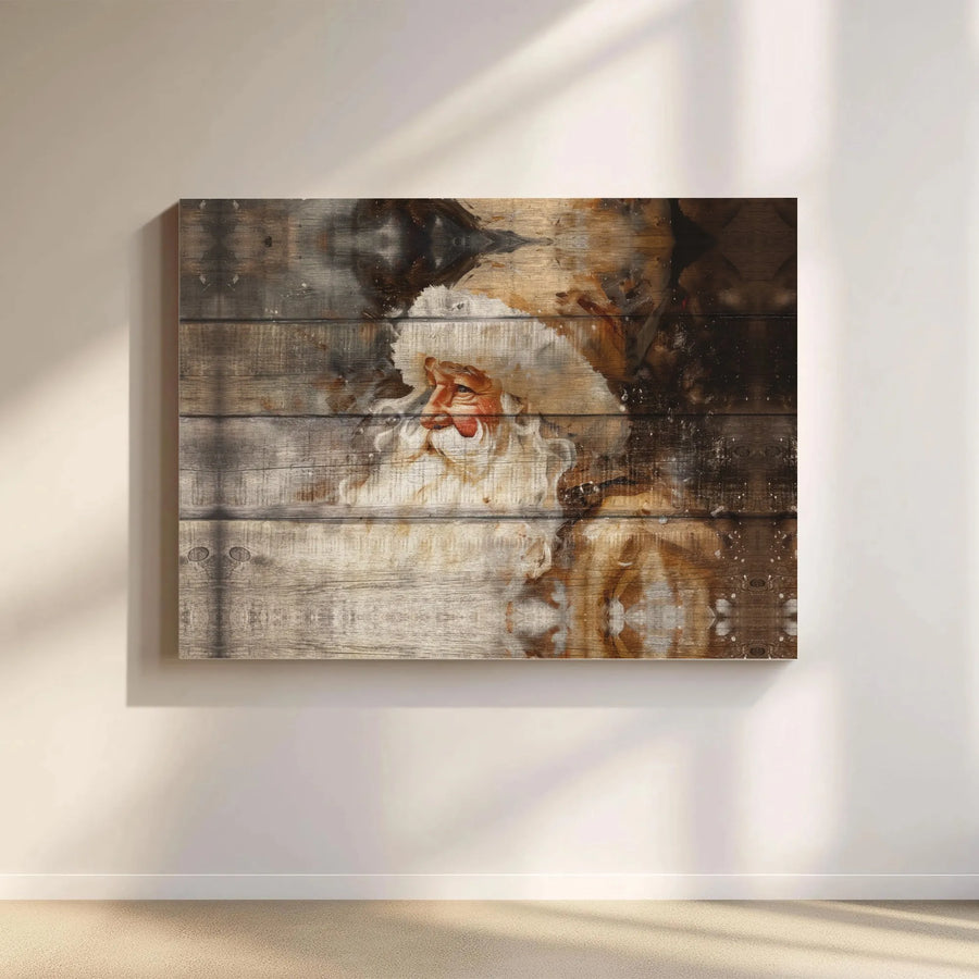 Rustic Santa Claus Canvas Print | Vintage Wood Grain Holiday Art | Premium Gallery Wrap Wall Decor | Christmas Farmhouse Home Interior Gift