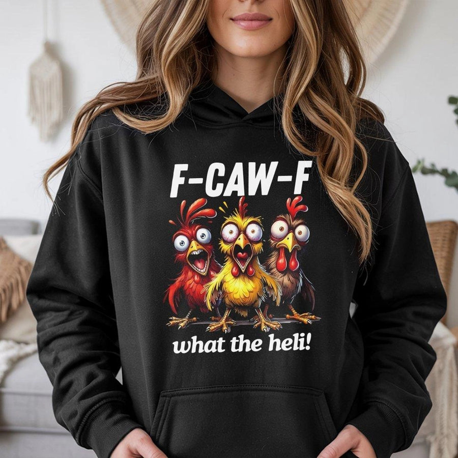 Funny Chicken Hoodie | F-Caw-F What The Heli Graphic Print | Soft Cotton-Polyester Blend | Humorous Farm Animal Gift For Chicken Lovers