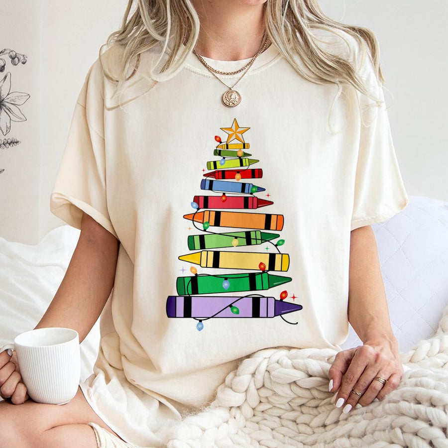 Crayon Christmas Tree Teacher T-Shirt | Festive Art Teacher Holiday Graphic | 100% Cotton Premium Tee | Unique Gift for Educators & Students