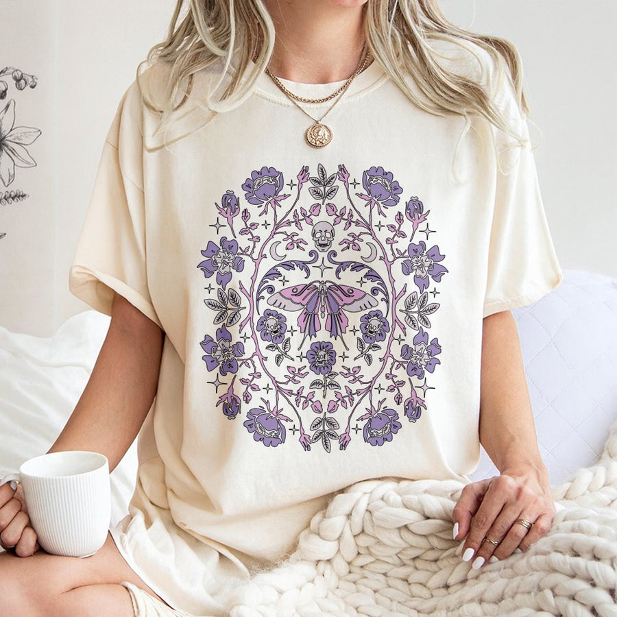 Gothic Moth T-Shirt | Pastel Goth Floral Skull Graphic | Premium Soft Cotton | Dark Academia Gift for Alt Style Lovers