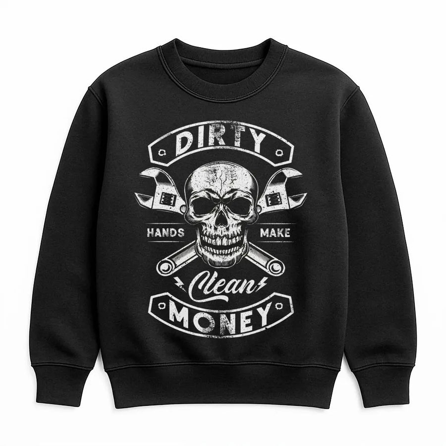 Dirty Hands Clean Money Sweatshirt | Skull Wrench Mechanic Graphic | Premium Cotton Blend | Gift For Tradesman Mechanic Blue Collar Worker