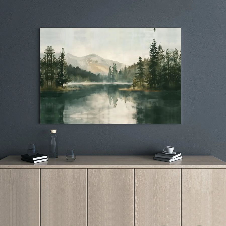 Misty Mountain Lake Canvas Wall Art | Serene Pine Forest Reflection Print | Gallery Wrapped Premium Quality | Nature Decor For Living Room