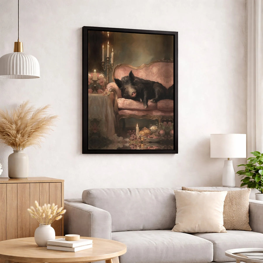 Wild Boar Painting On Pink Sofa | Baroque Style Animal Wall Art | 1.25-Inch Premium Gallery Canvas | Unique Eclectic Home Decor Gift