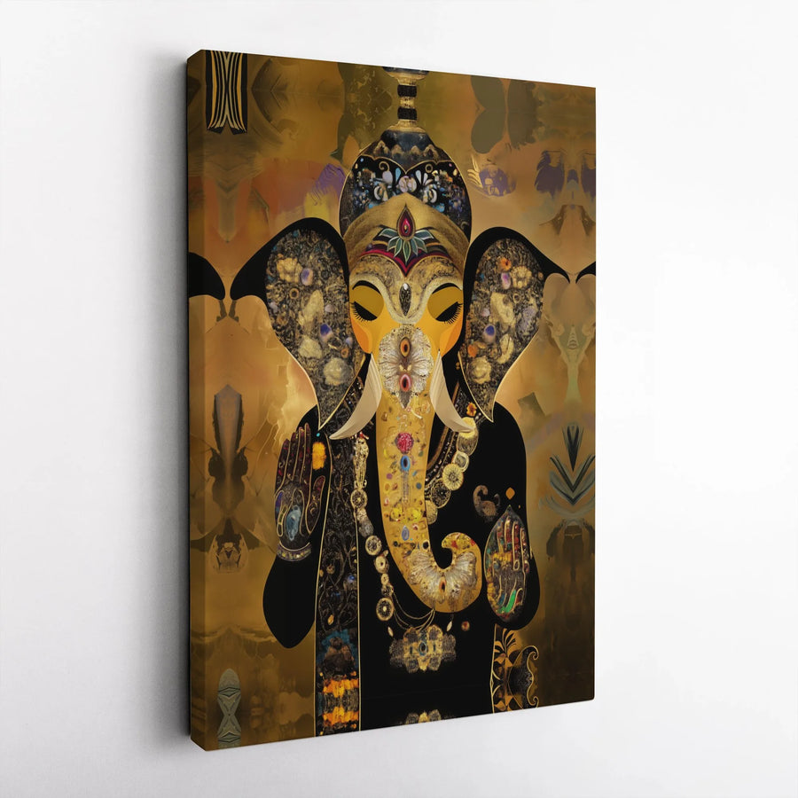 Ganesha Wall Art Canvas | Ornate Gold Abstract Elephant Print | Premium Gallery Wrapped Artwork | Spiritual Home Decor Gift for Meditation Room
