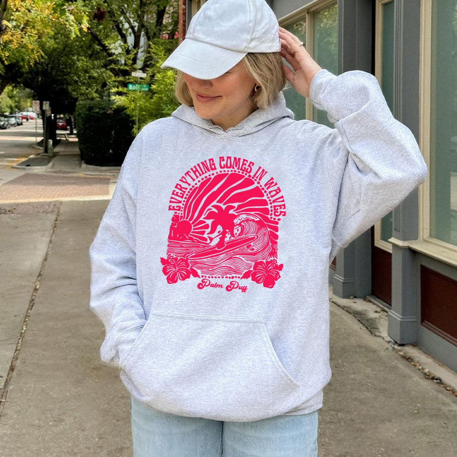 Everything Comes In Waves Hoodie | Retro Surfer Aesthetic Graphic | Premium Cotton Blend | Coastal Cowgirl Gift For Her
