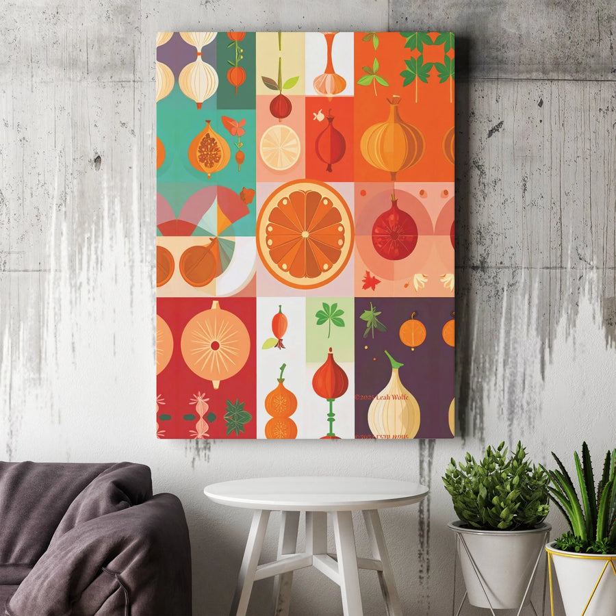 Modern Fruit And Vegetable Wall Art | Geometric Botanical Collage Print | Premium Gallery Wrapped Canvas | Kitchen And Dining Room Decor