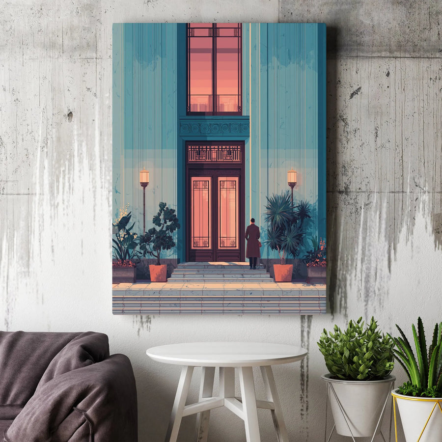 Mysterious Man in Trench Coat Wall Art | Architectural Cityscape Illustration | Premium Gallery Wrapped Canvas | Moody Home and Office Decor Gift