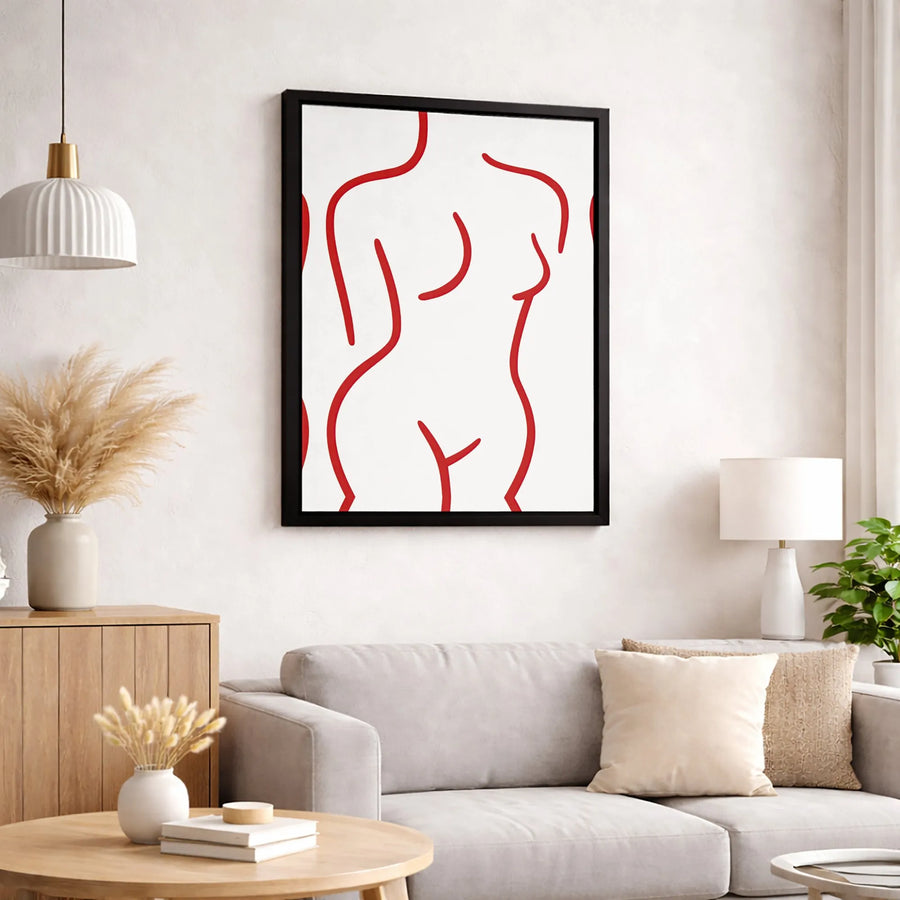 Abstract Female Body Line Art Canvas | Minimalist Red Silhouette Wall Decor | Premium Gallery Wrap Print | Modern Bedroom Office Art Gift