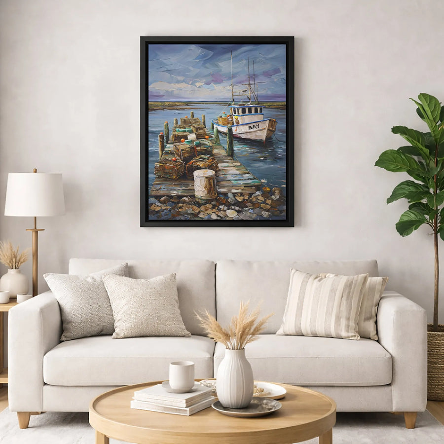 Coastal Fishing Boat Canvas Wall Art | Impasto Style Harbor Scene with Lobster Traps | 1.25" Premium Gallery Wrapped Print | Nautical Home Decor Gift