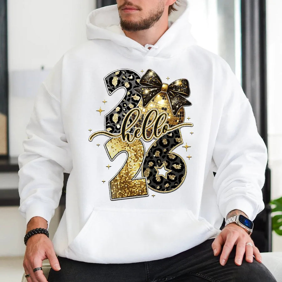 Hello 2026 New Year Hoodie | Gold Glitter Leopard Print Graphic | Premium Soft Cotton Blend | Festive Party Gift For Her