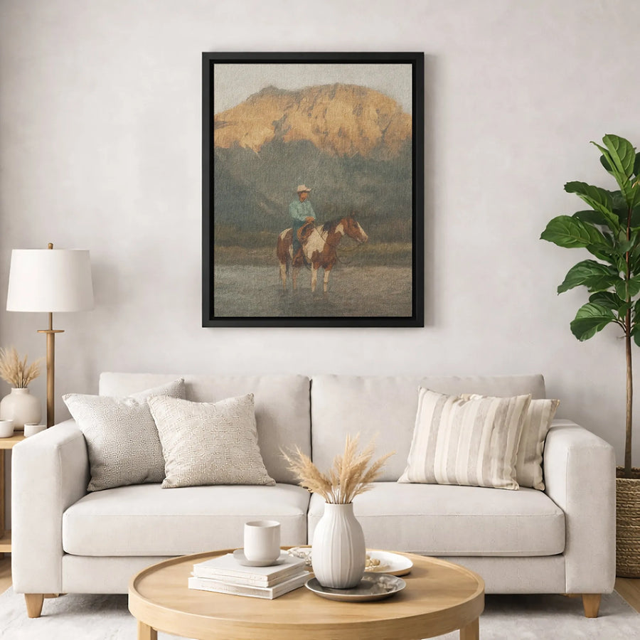 Western Cowboy Canvas Art | Moody Mountain Landscape Wall Decor | Premium Gallery Wrap Print | Rustic Ranch Home Office Gift