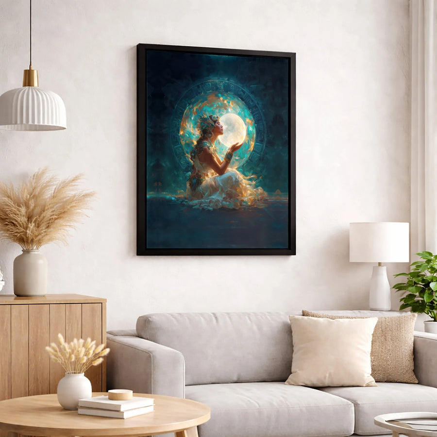 Aztec Moon Goddess Canvas Wall Art | Celestial Mayan Deity Print | 1.25-Inch Gallery Wrap | Mystical Home Decor for Spiritual Spaces
