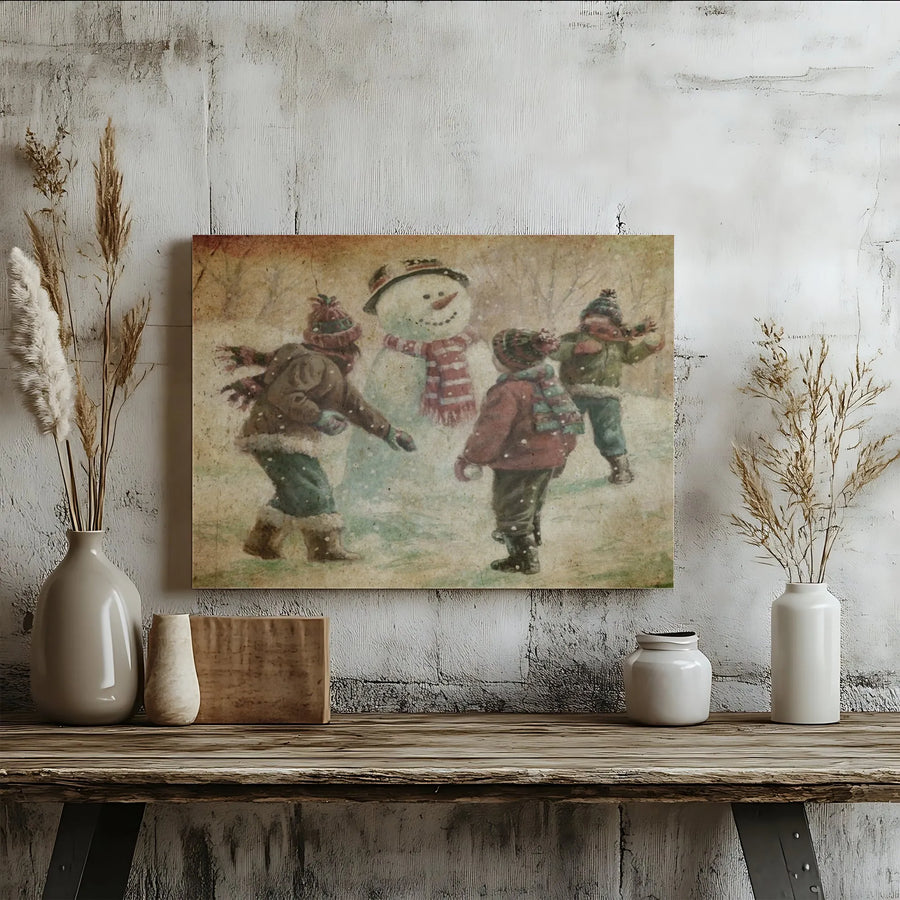 Vintage Winter Snowman Canvas Print | Nostalgic Children Snowball Fight | Gallery-Quality Fade-Resistant Wall Art | Christmas Holiday Home Decor Gift