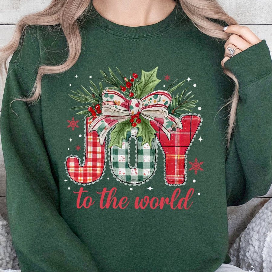 Joy To The World Christmas Sweatshirt | Plaid Festive Holiday Graphic | Soft Cotton Blend | Religious Christian Gift For Women