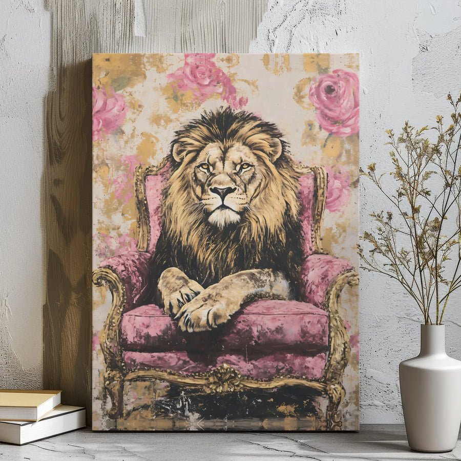 Lion Wall Art | Royal Lion in Pink Vintage Armchair Decor | Gallery Wrapped Premium Canvas | Majestic Animal Portrait Gift for Home Office