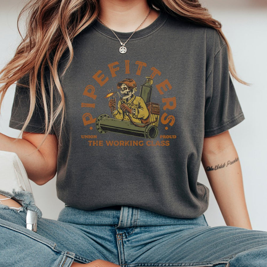 Pipefitter T-Shirt | Skeleton Welder Graphic Design | 100% Cotton Premium Tee | Union Proud Blue Collar Worker Gift