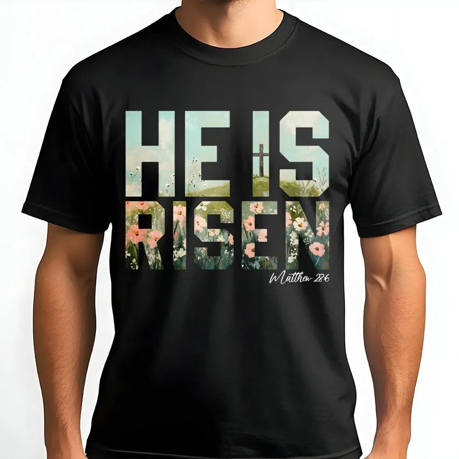 He Is Risen T-Shirt | Floral Cross Bible Verse Graphic | Premium 100% Cotton | Religious Easter Gift for Believers