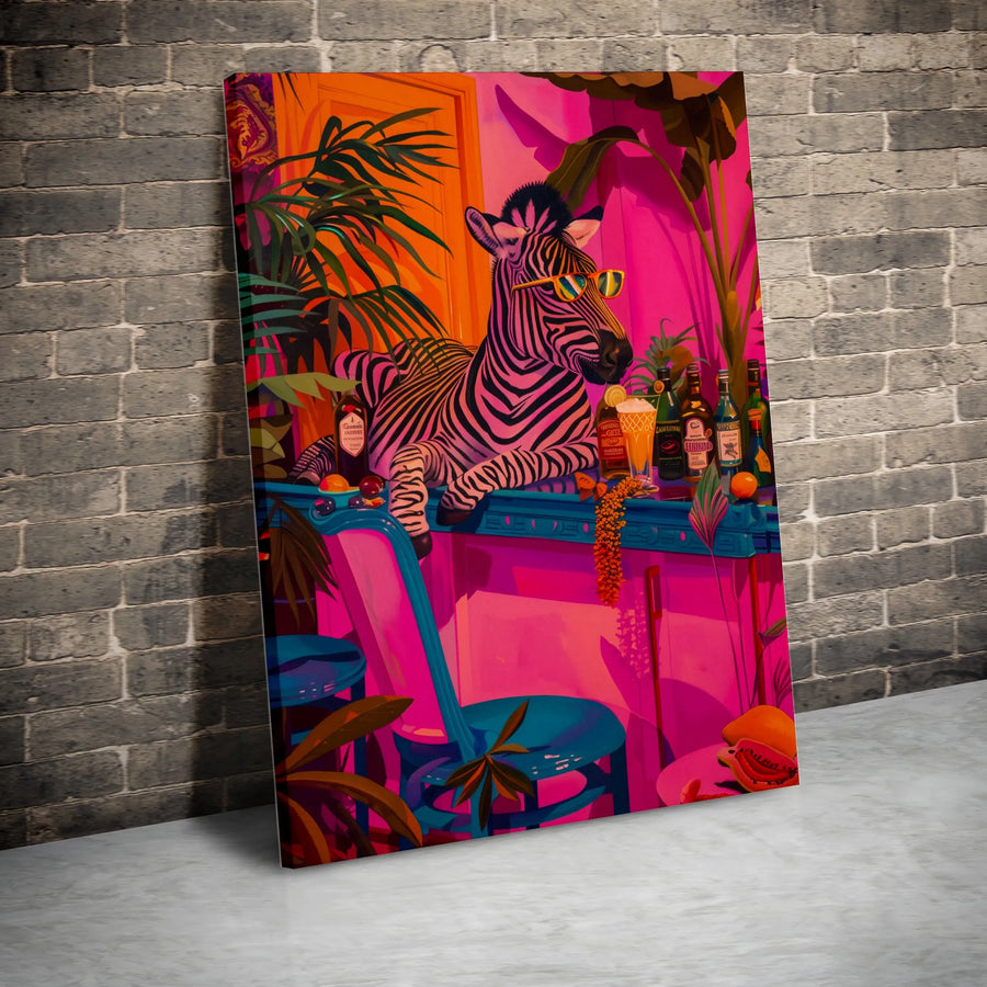 Tropical Zebra Wall Art | Colorful Retro Bar Scene Canvas | Premium Fade-Resistant Print | Quirky Animal Decor for Modern Home Office