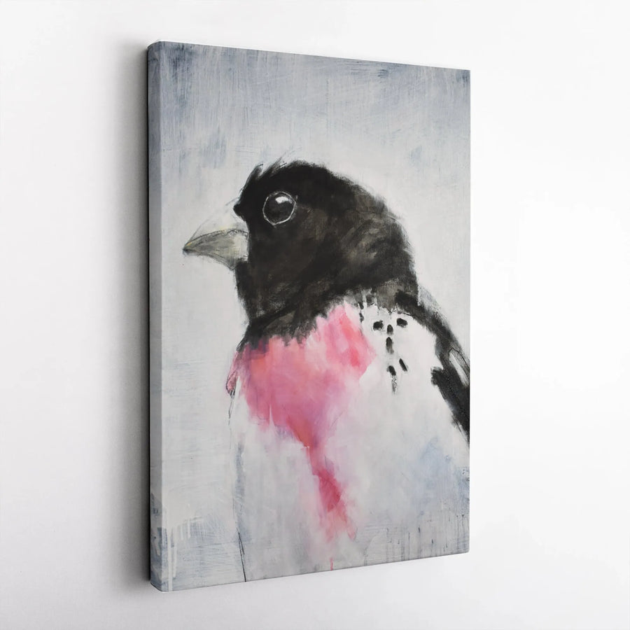 Rose Breasted Grosbeak Vertical Canvas | Abstract Bird Painting Wall Art | Premium 1.25" Thick Gallery Wrap | Collector's Gift for Ornithologist