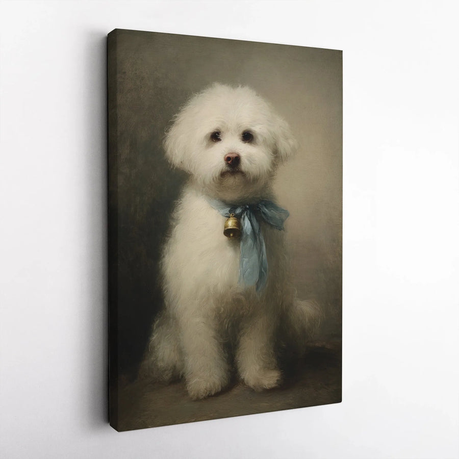 Bichon Frise Portrait Canvas Wall Art | Vintage Oil Painting Style with Blue Ribbon | Premium Gallery Canvas Print | Collector's Gift for Dog Lover