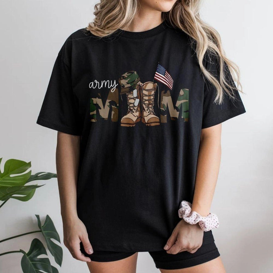 Army Mom T-Shirt | Camo Military Lettering & American Flag Graphic | Premium Cotton Unisex Tee | Proud Soldier Mother Gift Apparel
