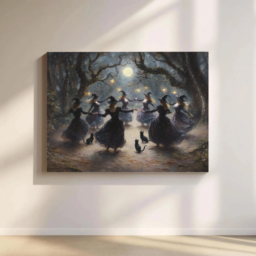Witches Dancing Canvas Print | Magical Forest Full Moon Art | 1.25 Inch Gallery Wrap | Gothic Witchy Home Decor Gift