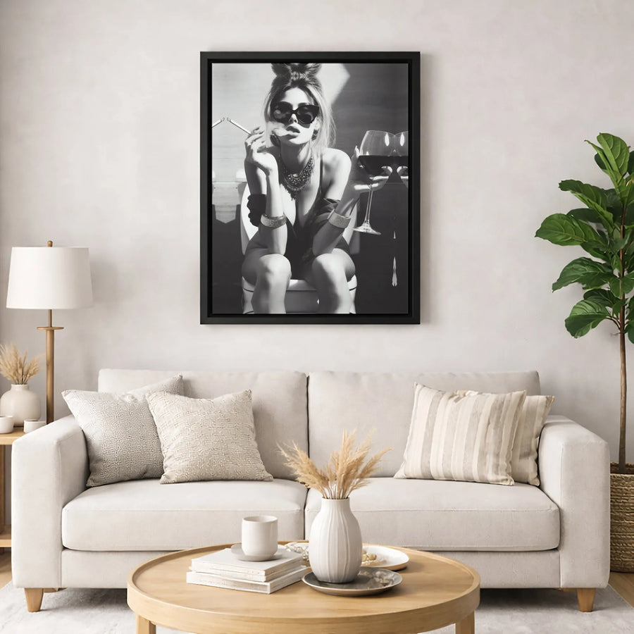 Black and White Woman Smoking Wall Art | Edgy Bathroom Decor Portrait | Premium 1.25-Inch Thick Gallery Canvas | Bold Modern Home Decor Gift