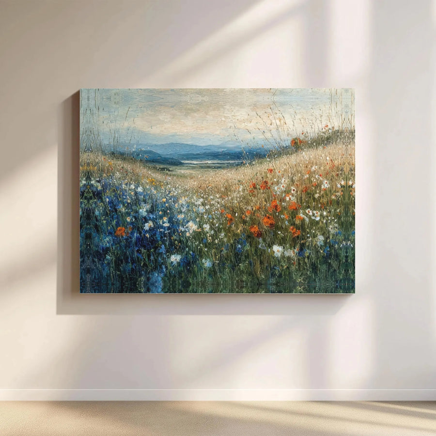 Impressionist Wildflower Field Canvas | Mountain Meadow Landscape Art | Premium Gallery Wrapped Print | Nature Wall Decor Gift for Home