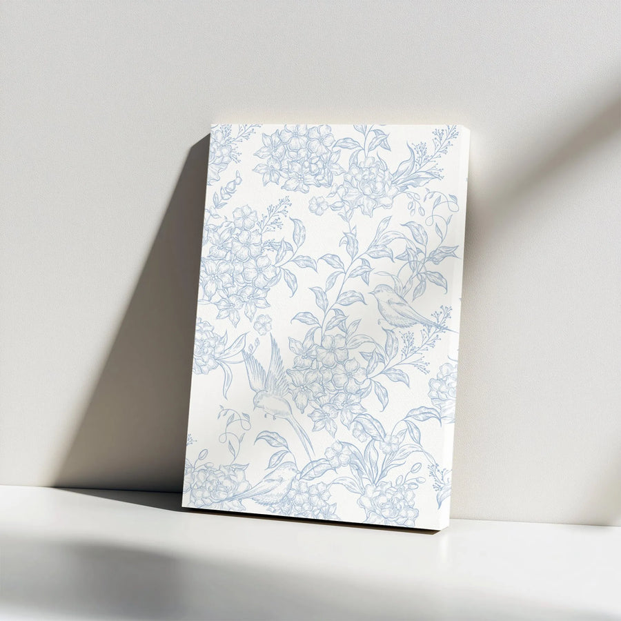 Vintage Floral Bird Canvas Art | Blue and White Botanical Line Art | Premium Gallery Wrapped Canvas | Grandmillennial Home Decor Gift