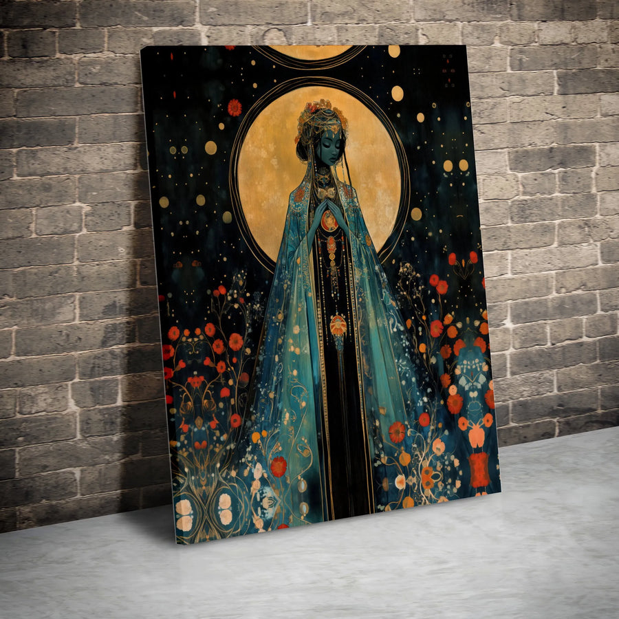 Celestial Goddess Canvas Wall Art | Art Nouveau Floral Portrait | Premium Gallery Wrapped Canvas | Spiritual Home Decor Gift