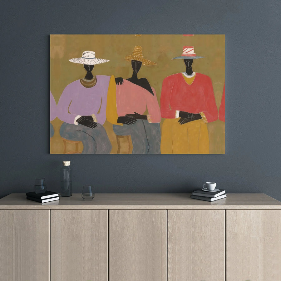 Abstract Black Women Wall Art | Three Friends Colorful Hats Illustration | Premium 1.25" Gallery Wrap Canvas | Modern Home Decor Gift