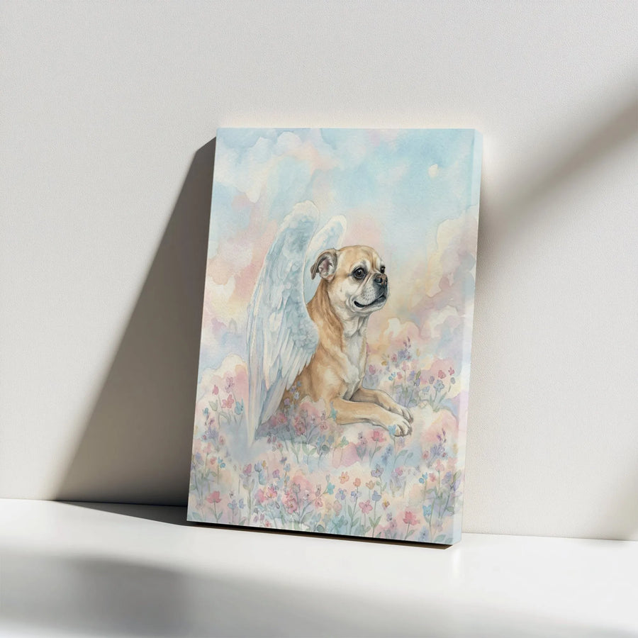 Dog Memorial Canvas Wall Art | Watercolor Puggle Angel Portrait | Premium Gallery Wrapped Canvas | Sympathy Gift for Pet Loss